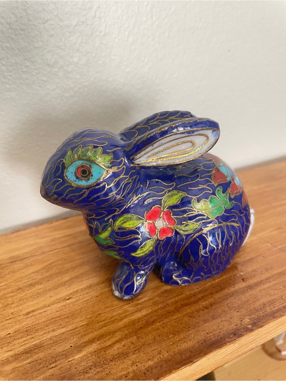 Cloisonné Bunny Figurine - Vibrant Blue Floral Accent